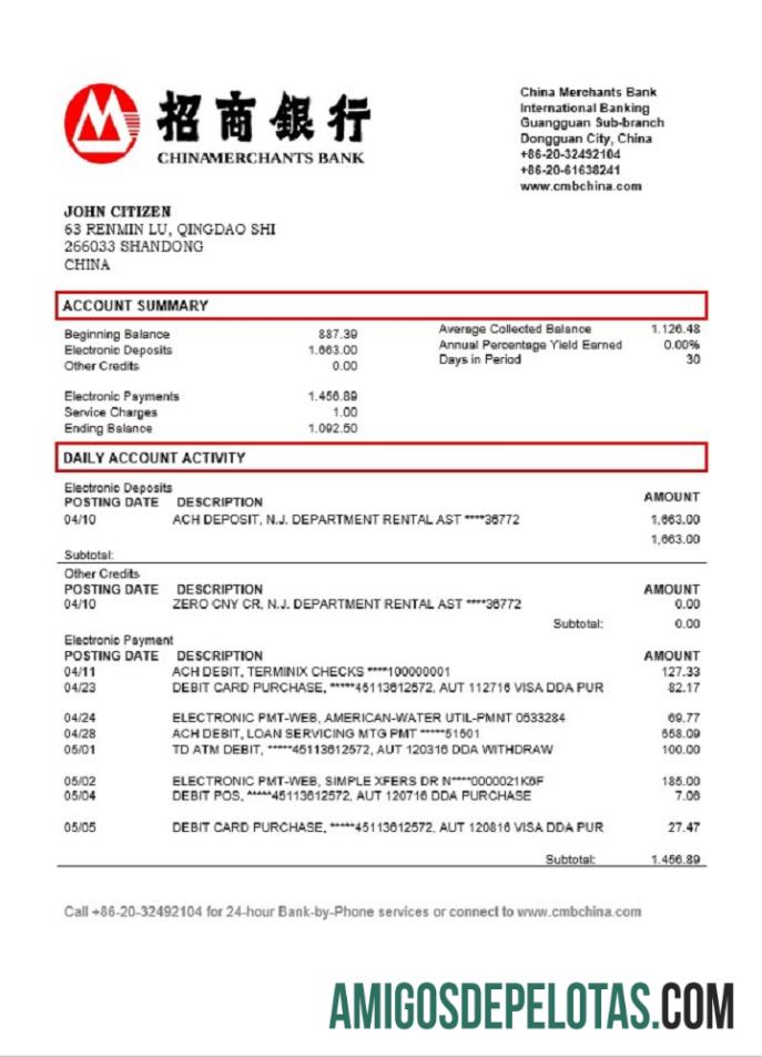 China Merchants extrato bancário amostra